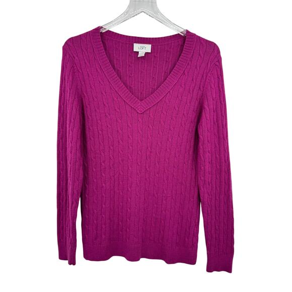 Ann Taylor LOFT sweater L pullover V neck cable knit rabbit hair blend fuchsia - Picture 1 of 7